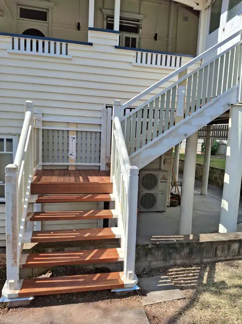 Stair replacement I replicated the posts and panel designs . All the hardwood has been primed All the balustrade's battens have been sealed with sikaflex to the bottom rail