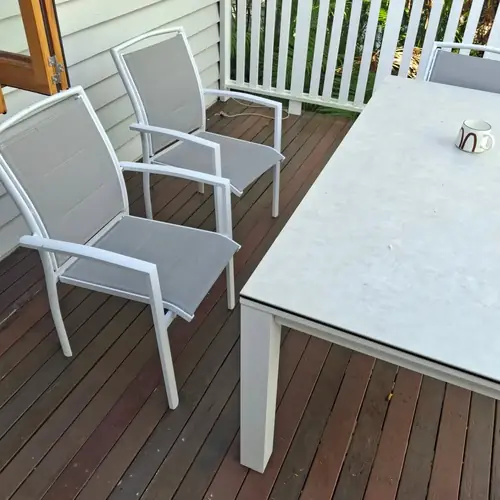 Replacement of a deck with it's structure. All the joist have been replaced with f14 hardwood painted with 1 coat of dulux primer and 2 coats of dulux weathershield prior to be installed. The decking boards are kwila. We also replaced a step and a post on the stair.